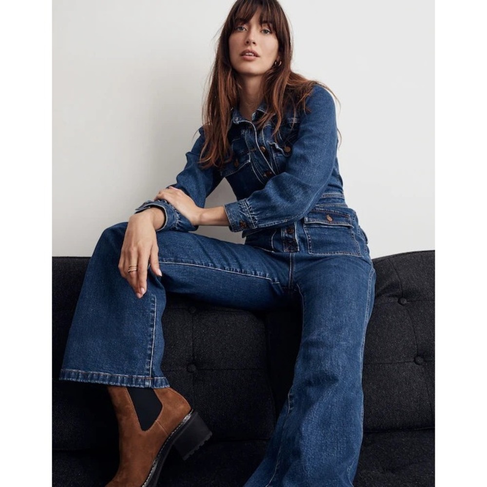 Madewell Denim Flare Wide Leg 70's Rodeo Fall Jumpsuit In Blue Women's Size 6